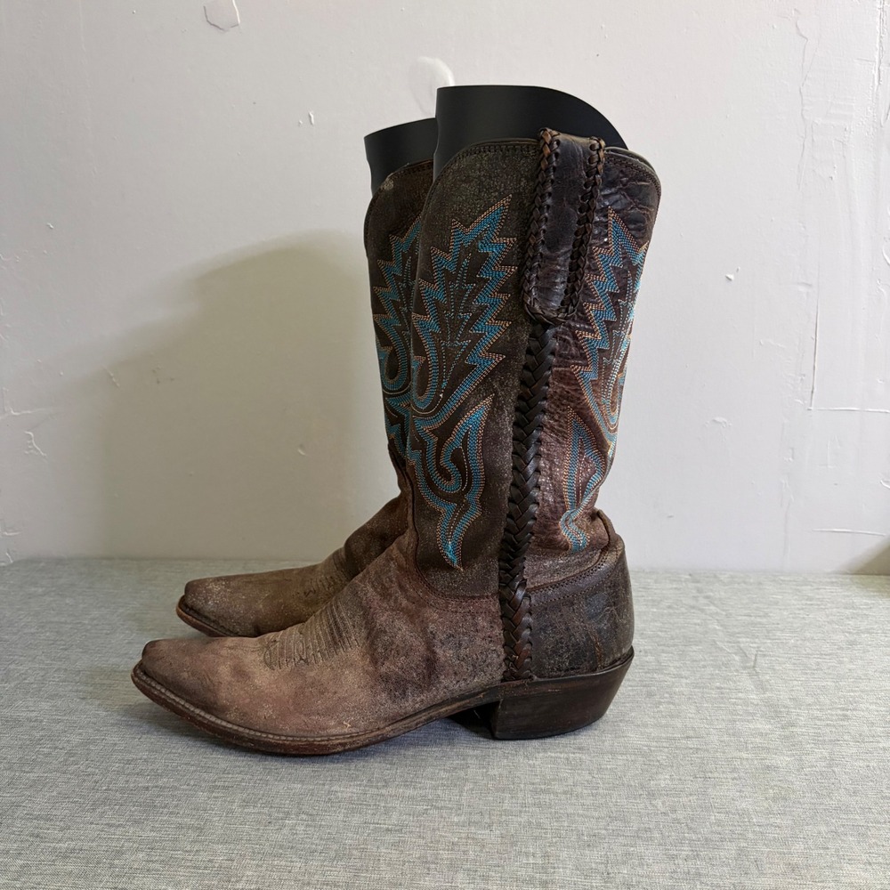 Lucchese Cowboy Boots Mens 9.5D Brown Turquoise Distressed Snip Toe M2611